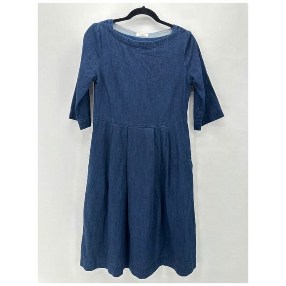 Toast Cotton Denim Dress Size 8 Fit & Flare Midi Blue Lagenlook Pockets Milkmaid - Picture 1 of 11